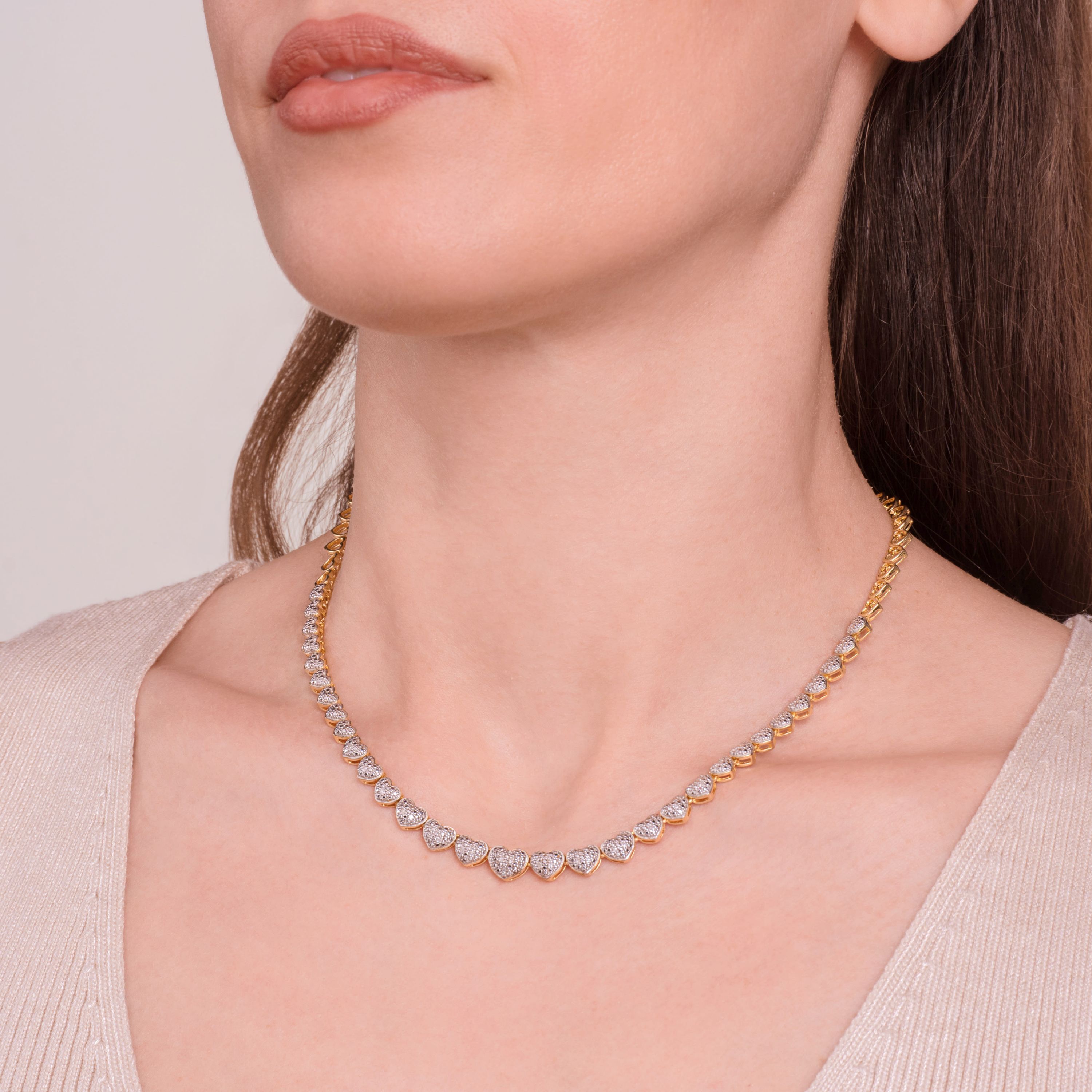 1/10 cttw Diamond Heart Tennis Necklace in 18k Yellow Gold Plated Sterling Silver