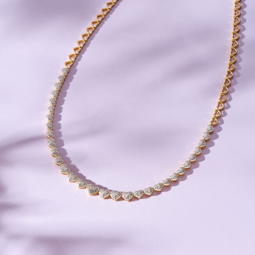 1/10 cttw Diamond Heart Tennis Necklace in 18k Yellow Gold Plated Sterling Silver
