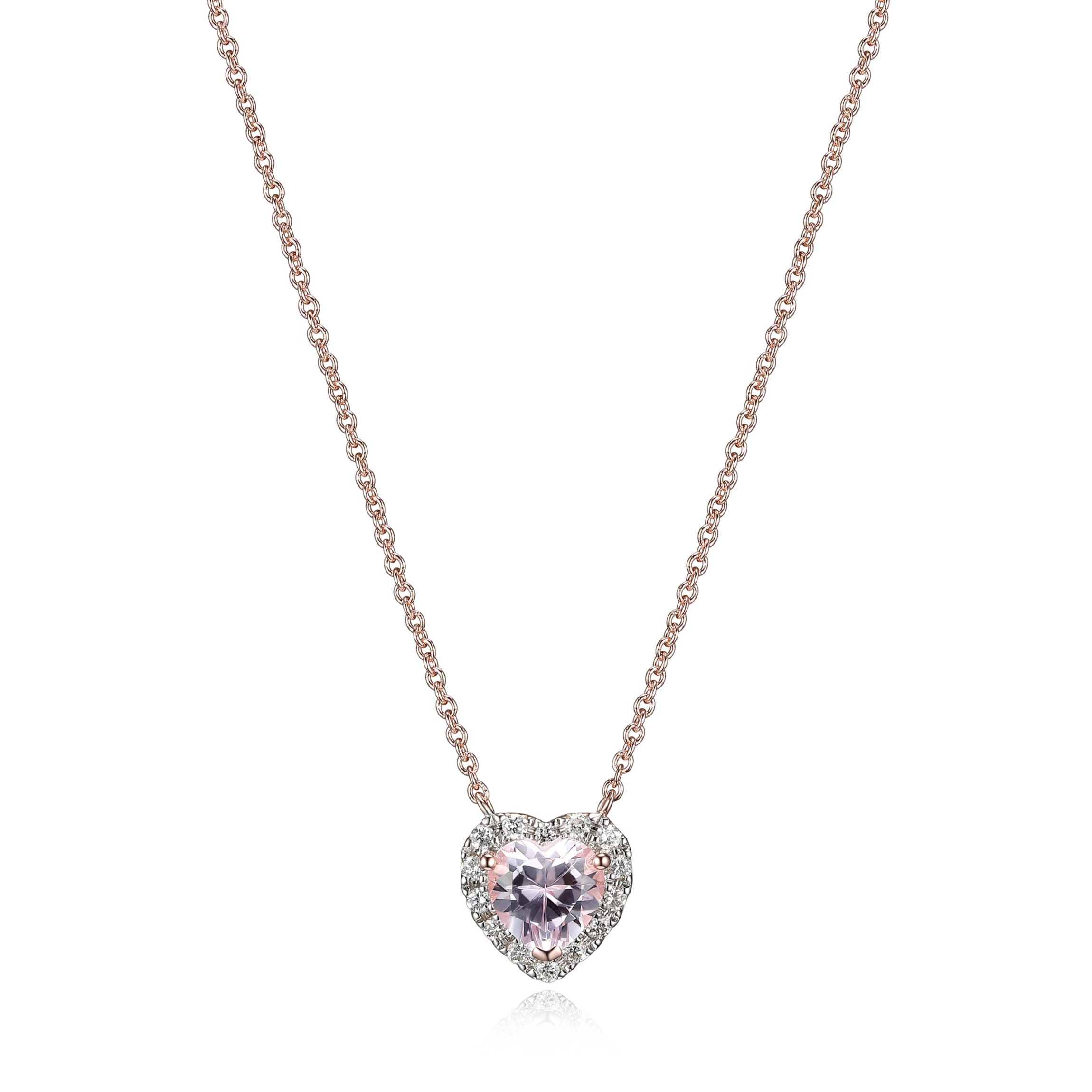18K Rose Gold Plated Sterling Silver Womens Created Pink Sapphire and Lab Grown Diamond Halo Heart Necklace