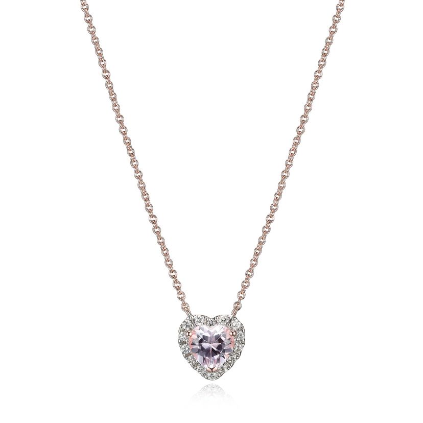 18K Rose Gold Plated Sterling Silver Womens Created Pink Sapphire and Lab Grown Diamond Halo Heart Necklace