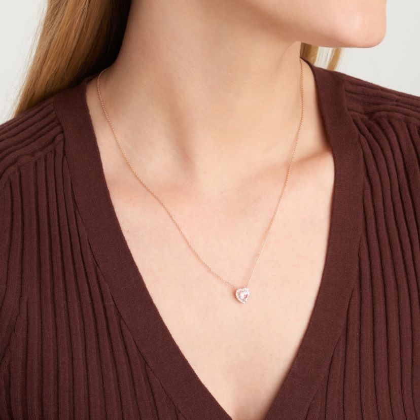18K Rose Gold Plated Sterling Silver Womens Created Pink Sapphire and Lab Grown Diamond Halo Heart Necklace
