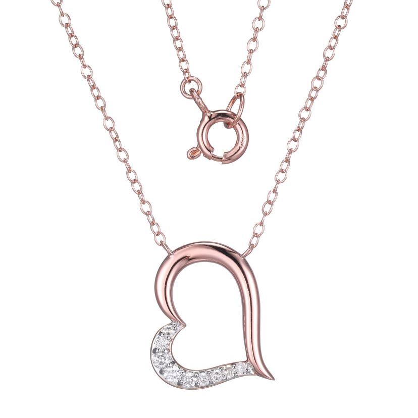 1/8 cttw Diamond Offset Open Heart Necklace in 14k Rose Gold Plated Sterling Silver