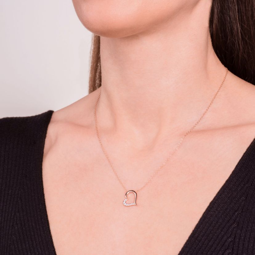 1/8 cttw Diamond Offset Open Heart Necklace in 14k Rose Gold Plated Sterling Silver