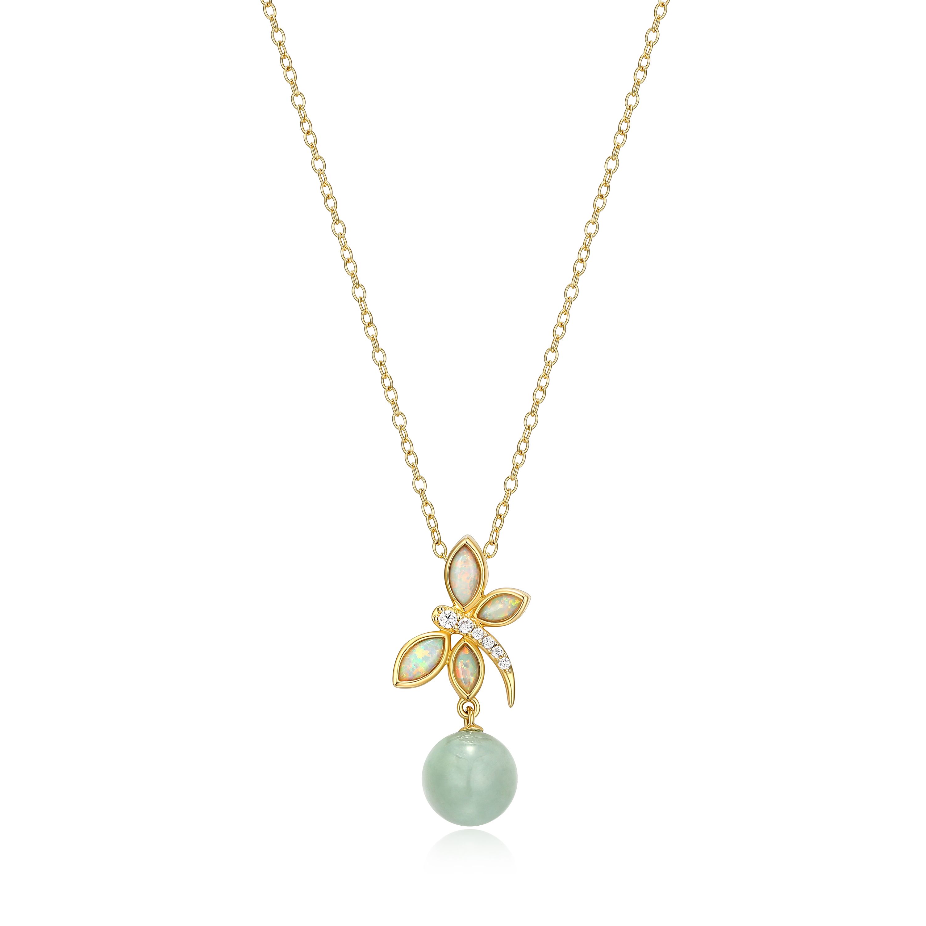 18k Gold Plated Sterling Silver Genuine Jade , Created Opal and Cubic Zirconia Dragonfly Pendant Necklace