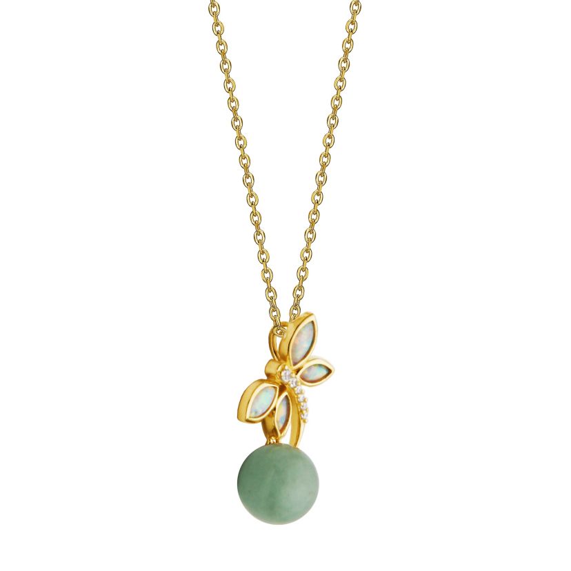 18k Gold Plated Sterling Silver Genuine Jade , Created Opal and Cubic Zirconia Dragonfly Pendant Necklace