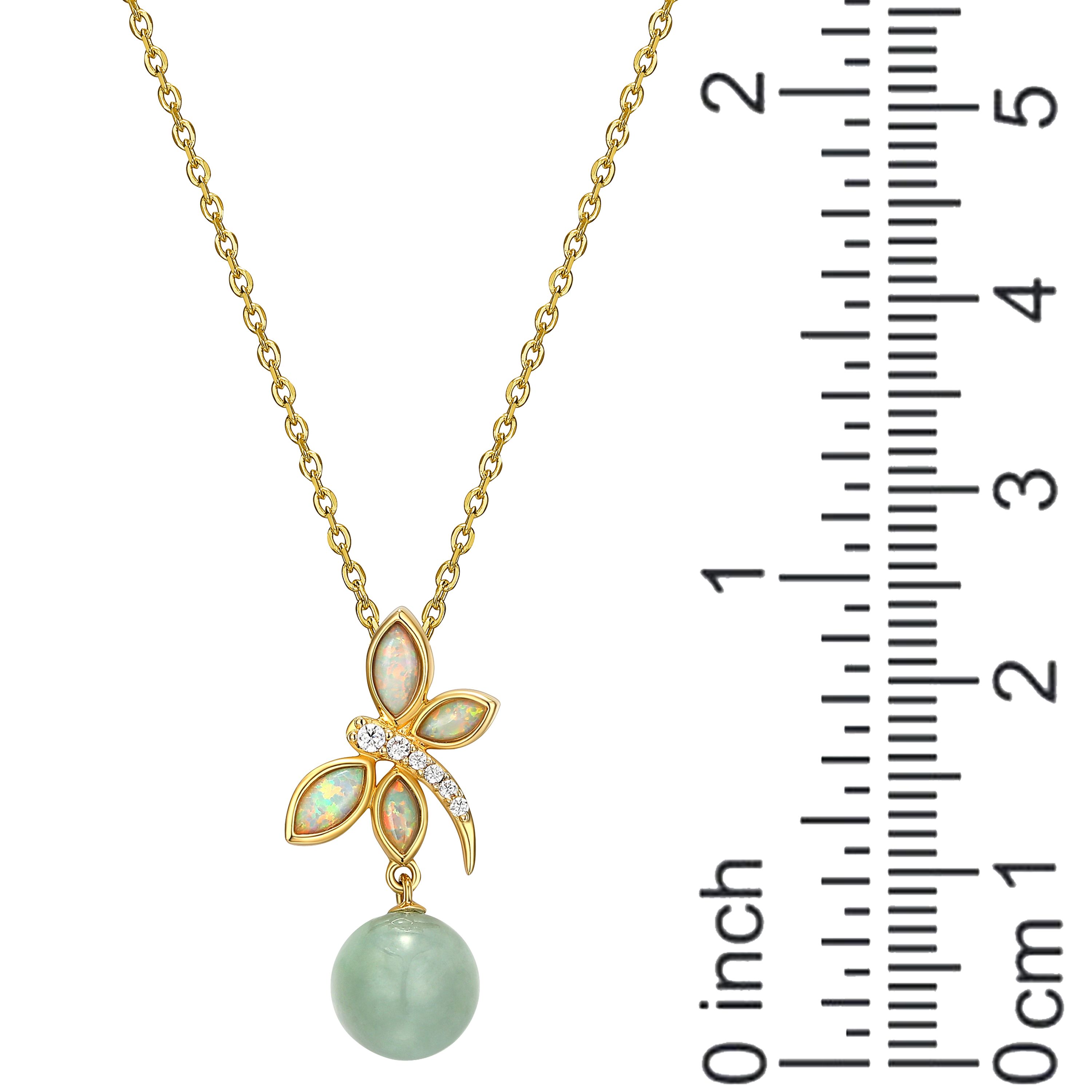 18k Gold Plated Sterling Silver Genuine Jade , Created Opal and Cubic Zirconia Dragonfly Pendant Necklace