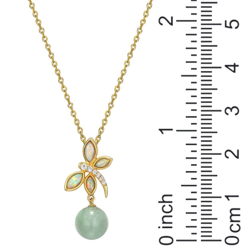 18k Gold Plated Sterling Silver Genuine Jade , Created Opal and Cubic Zirconia Dragonfly Pendant Necklace