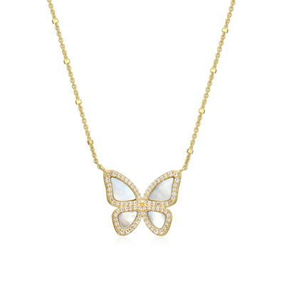 Aurealis Genuine White Mother of Pearl 18K Gold Plated Sterling Silver Butterfly Necklace