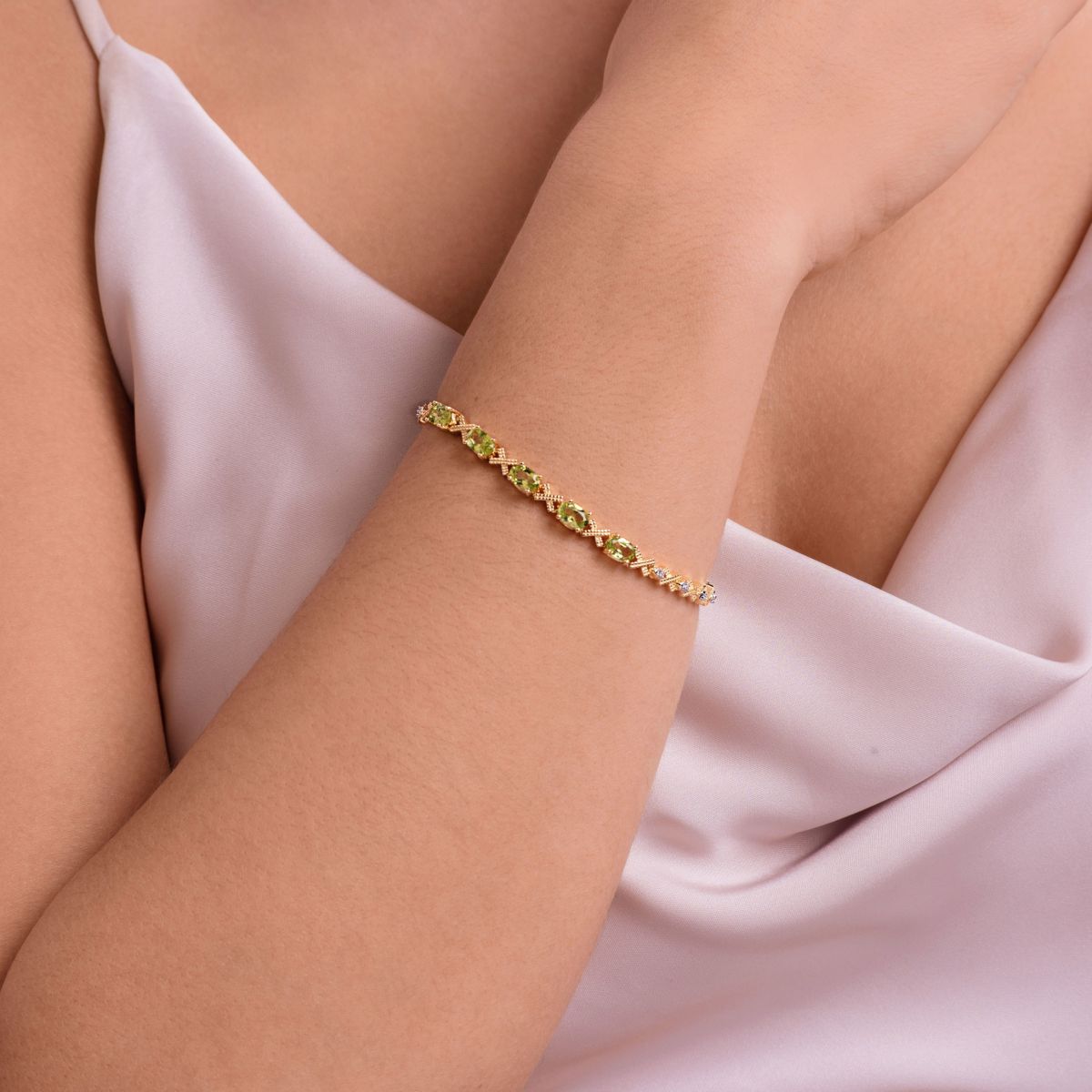 Genuine Peridot and Diamond Accent Bracelet in 18K Gold-plated Sterling Silver