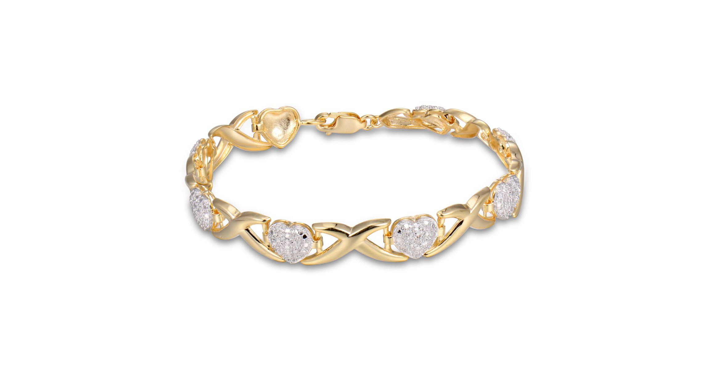 Diamond Accent Heart X&O Bracelet in 18k Yellow Gold Plated Sterling Silver