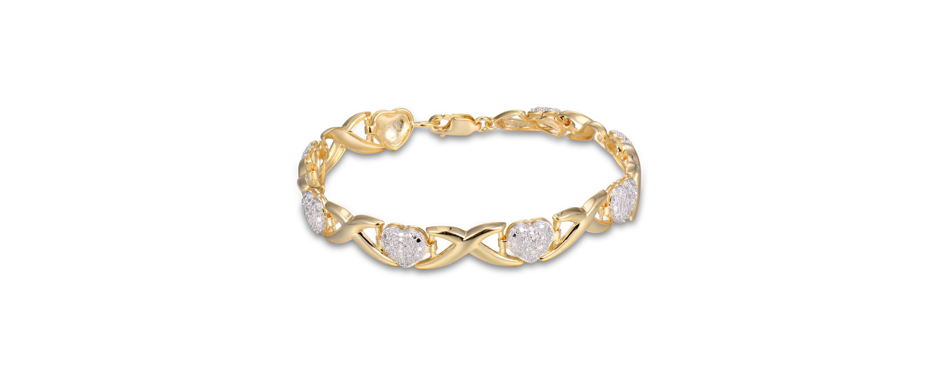 Diamond Accent Heart X&O Bracelet in 18k Yellow Gold Plated Sterling Silver