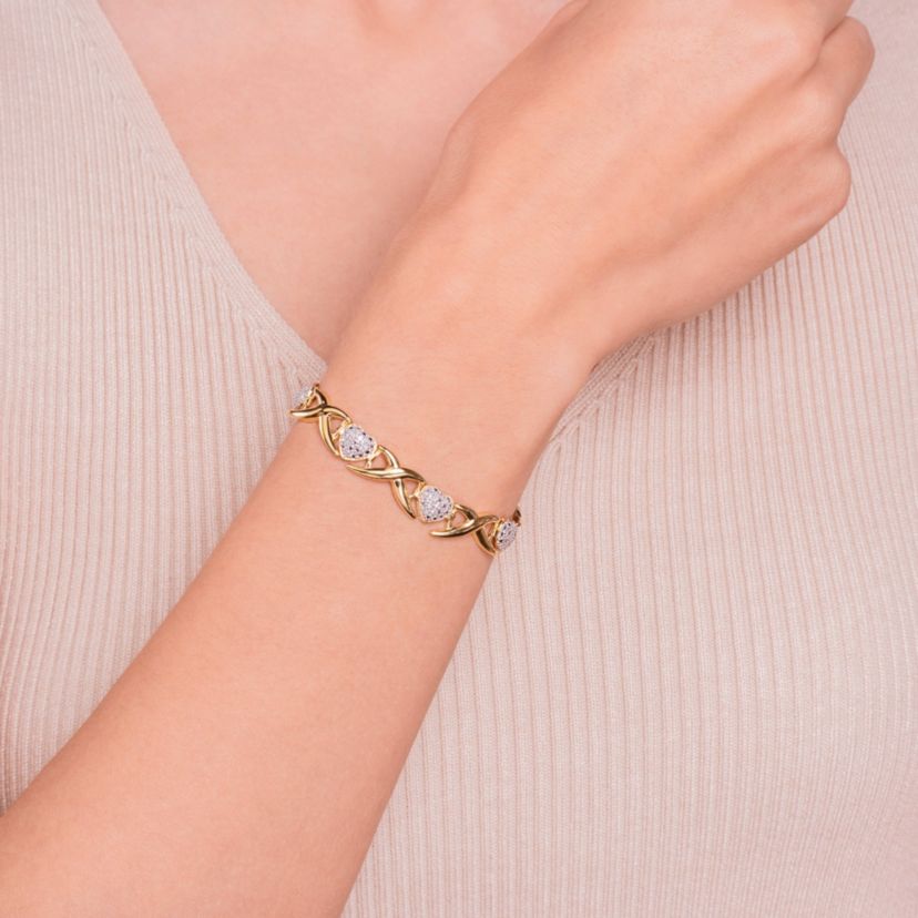 Diamond Accent Heart X&O Bracelet in 18k Yellow Gold Plated Sterling Silver