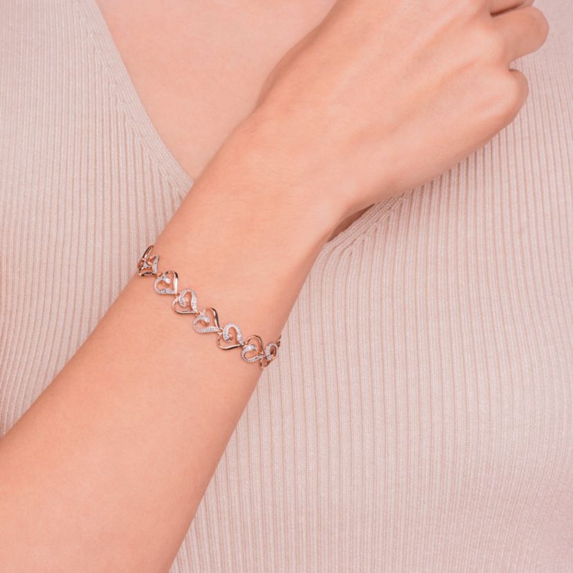 Diamond Accent Heart Bracelet in 14k Rose Gold Plated Sterling Silver