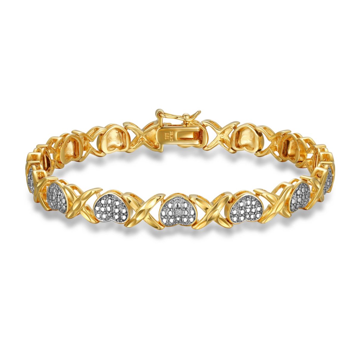 Diamond Accent Heart X&O Bracelet in 18k Yellow Gold Plated Sterling Silver