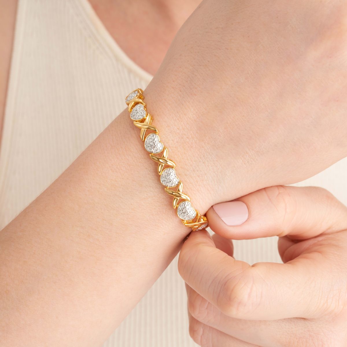 Diamond Accent Heart X&O Bracelet in 18k Yellow Gold Plated Sterling Silver