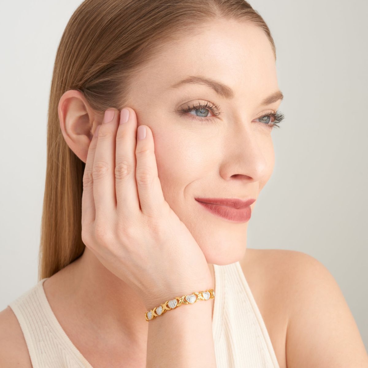 Diamond Accent Heart X&O Bracelet in 18k Yellow Gold Plated Sterling Silver