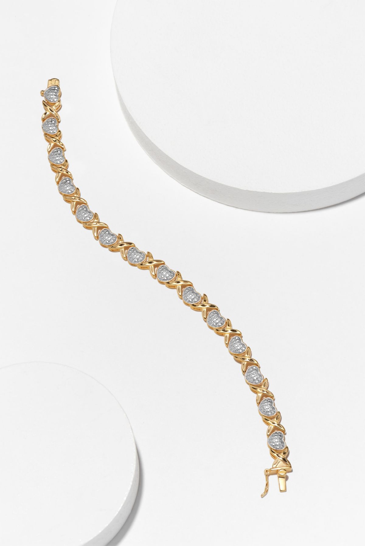 Diamond Accent Heart X&O Bracelet in 18k Yellow Gold Plated Sterling Silver