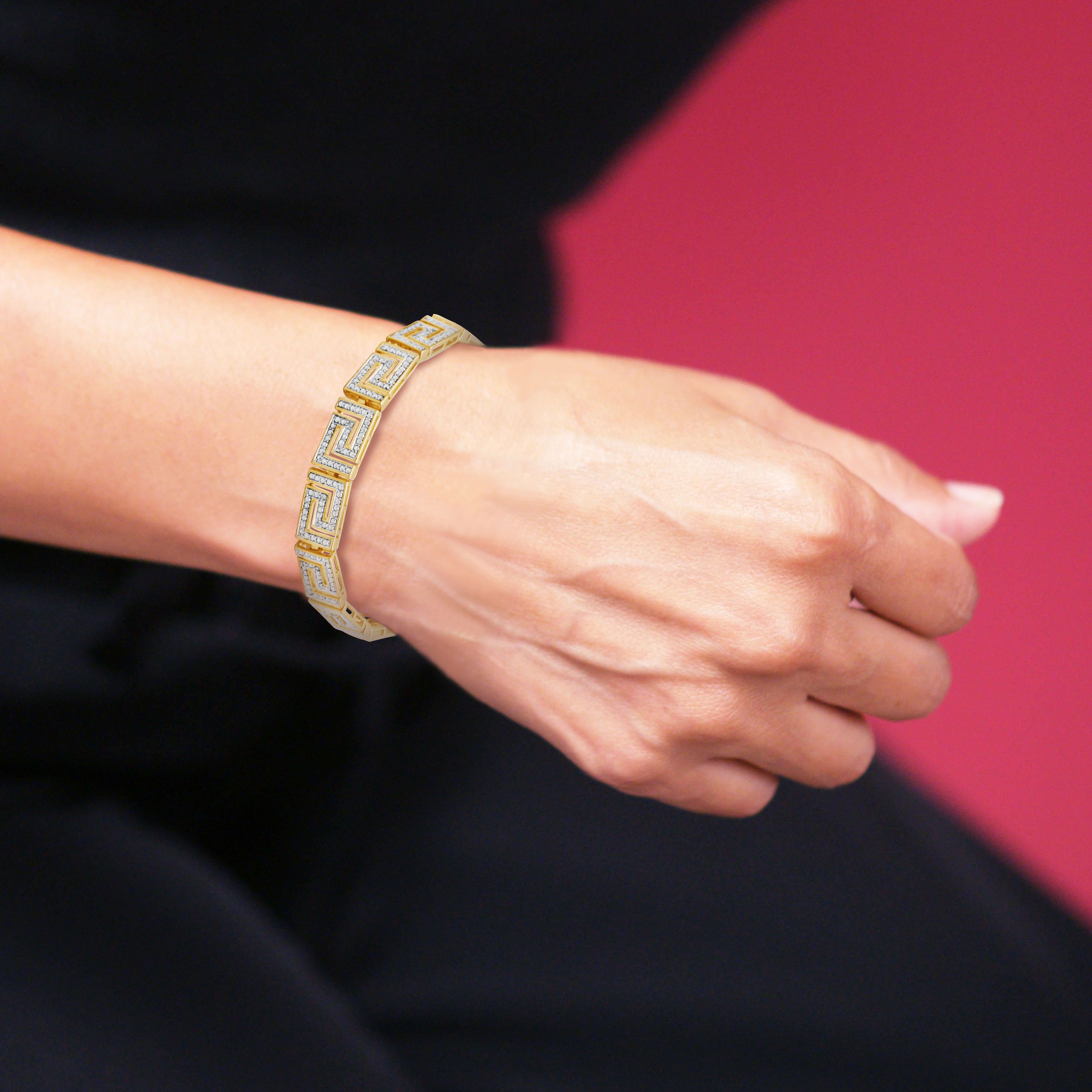 1/10 cttw Diamond Greek Key Bracelet in 18k Yellow Gold Plated Sterling Silver