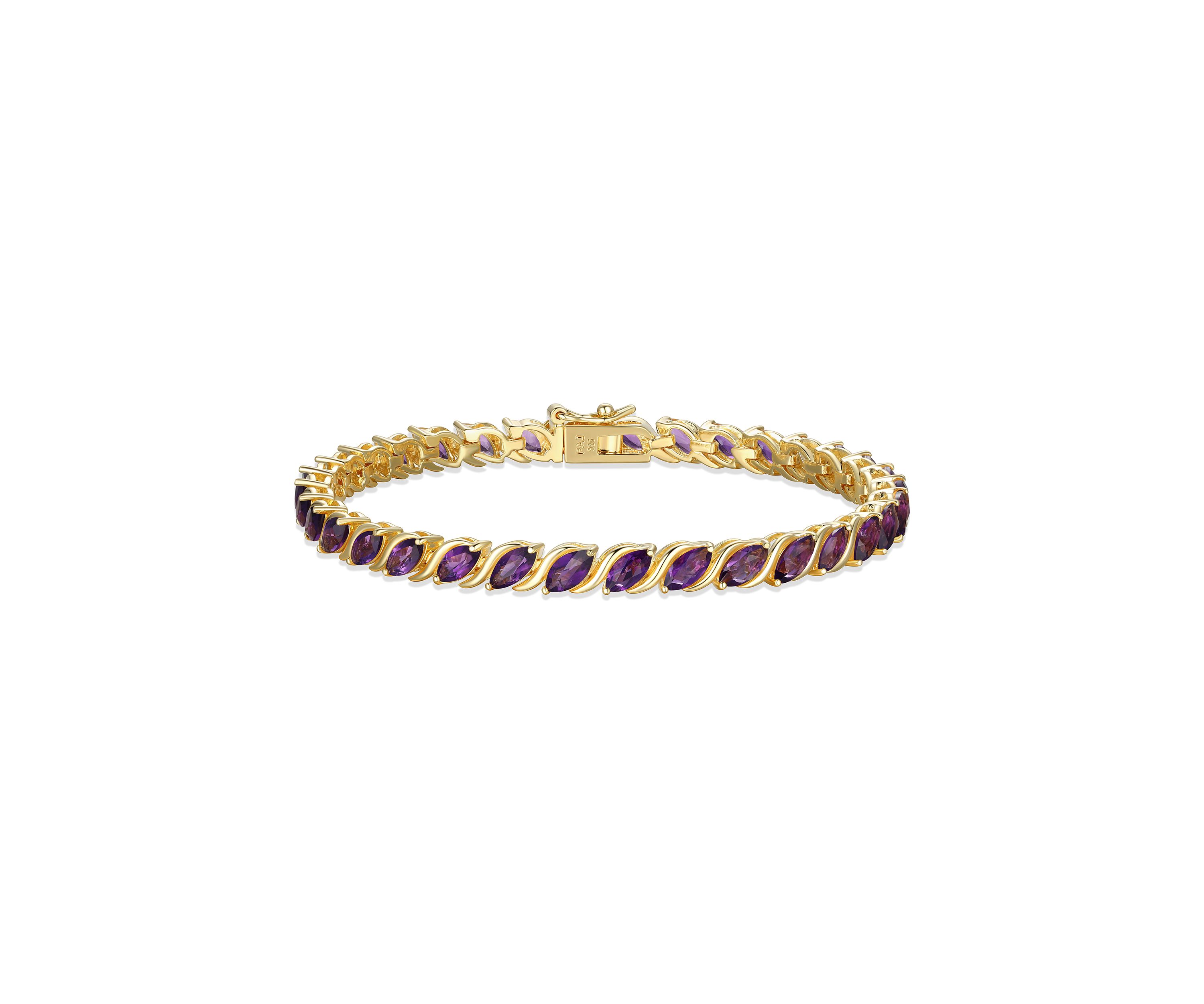 Genuine Gemstone Marquise Wave Tennis Bracelet in 18K Gold Plated Sterling Silver, 7.25"