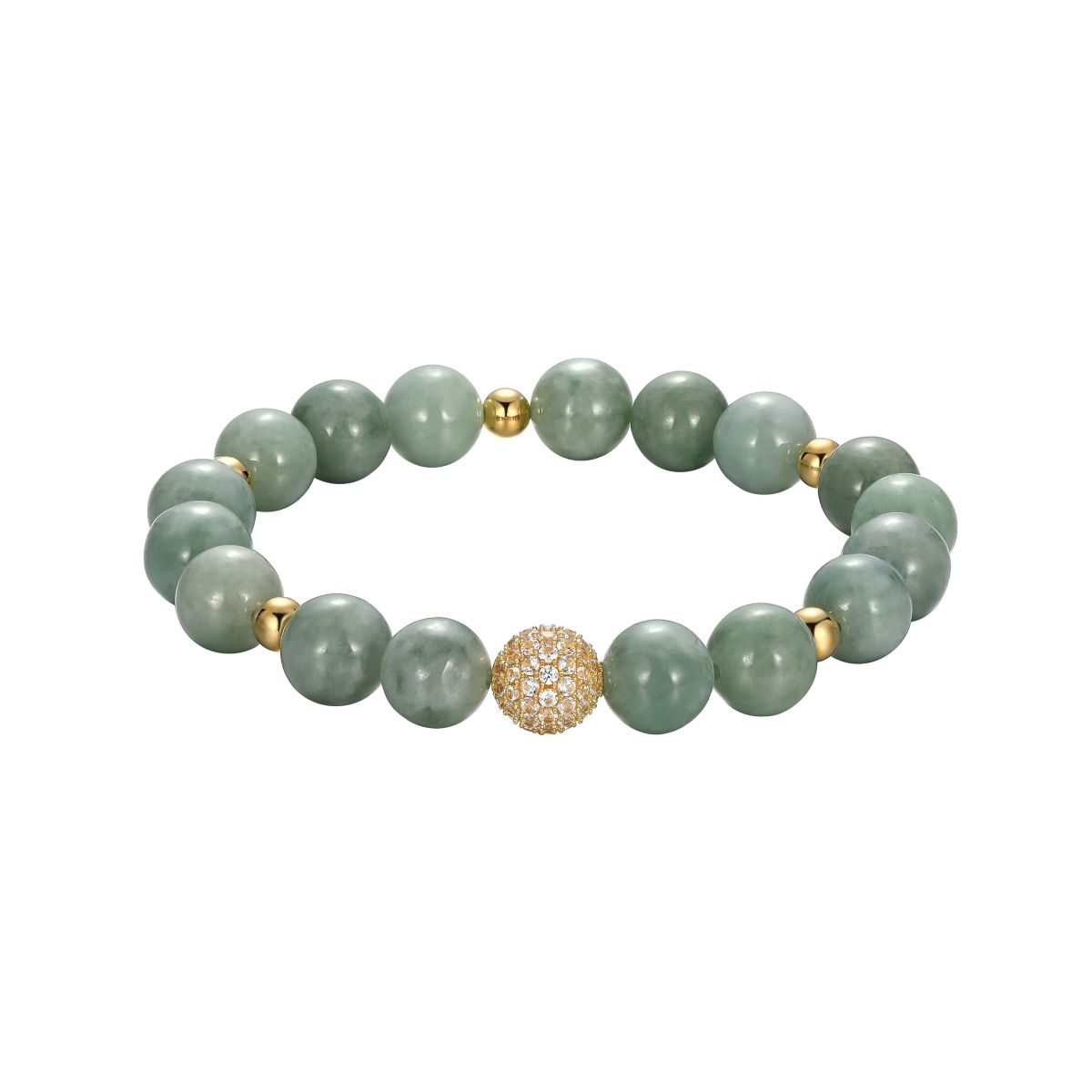 Genuine Green Jade and Created White Sapphire Bead Bracelet in 18K Gold-plated Sterling Silver