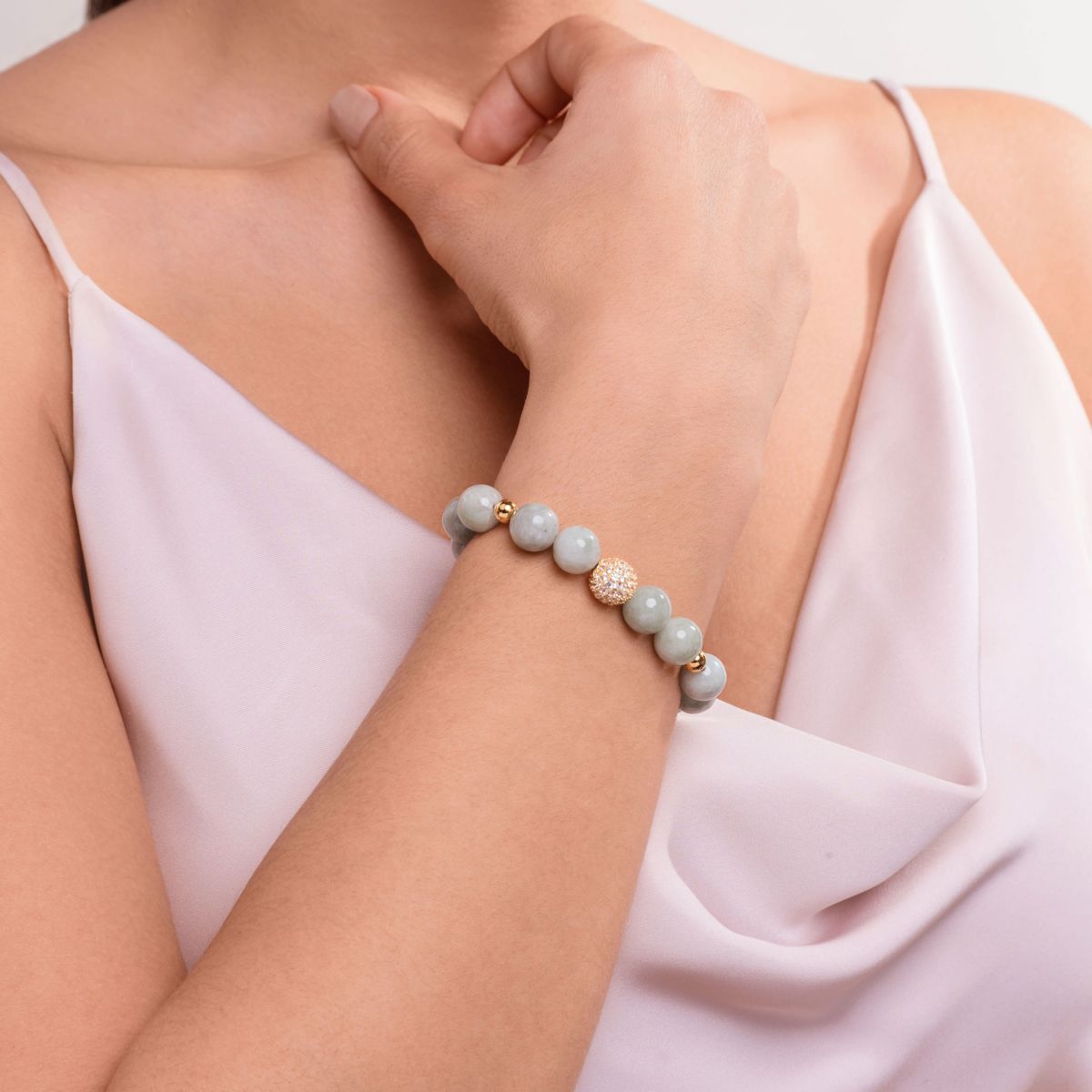 Genuine Green Jade and Created White Sapphire Bead Bracelet in 18K Gold-plated Sterling Silver