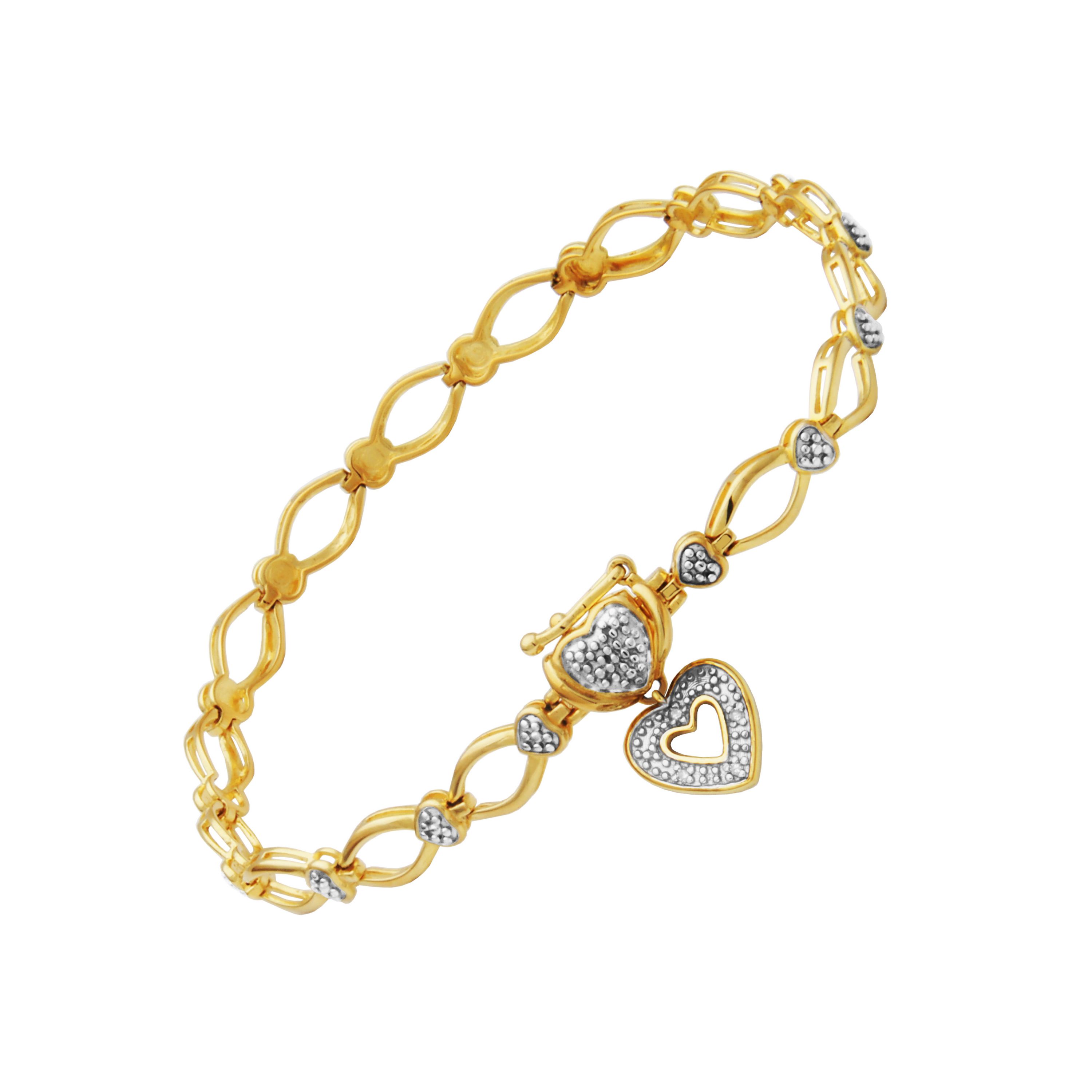 Diamond Accent Heart Charm Bracelet in 18k Yellow Gold Plated Sterling Silver
