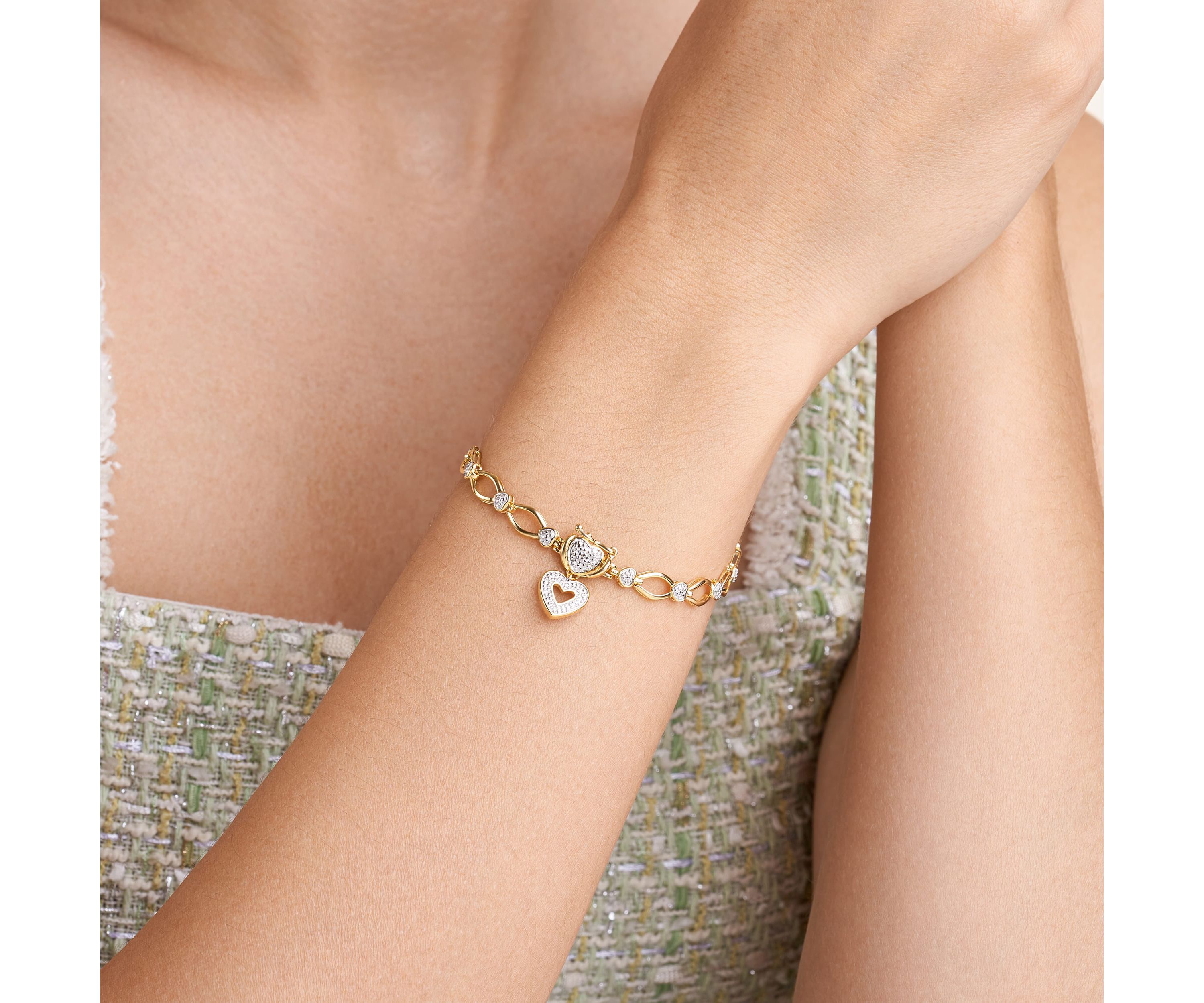 Diamond Accent Heart Charm Bracelet in 18k Yellow Gold Plated Sterling Silver