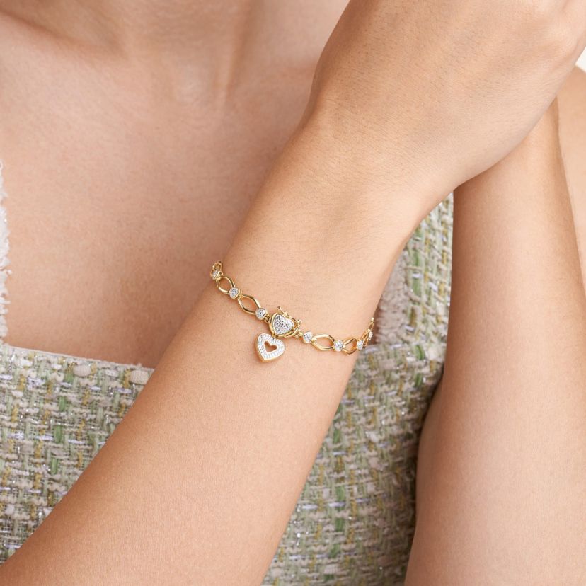Diamond Accent Heart Charm Bracelet in 18k Yellow Gold Plated Sterling Silver