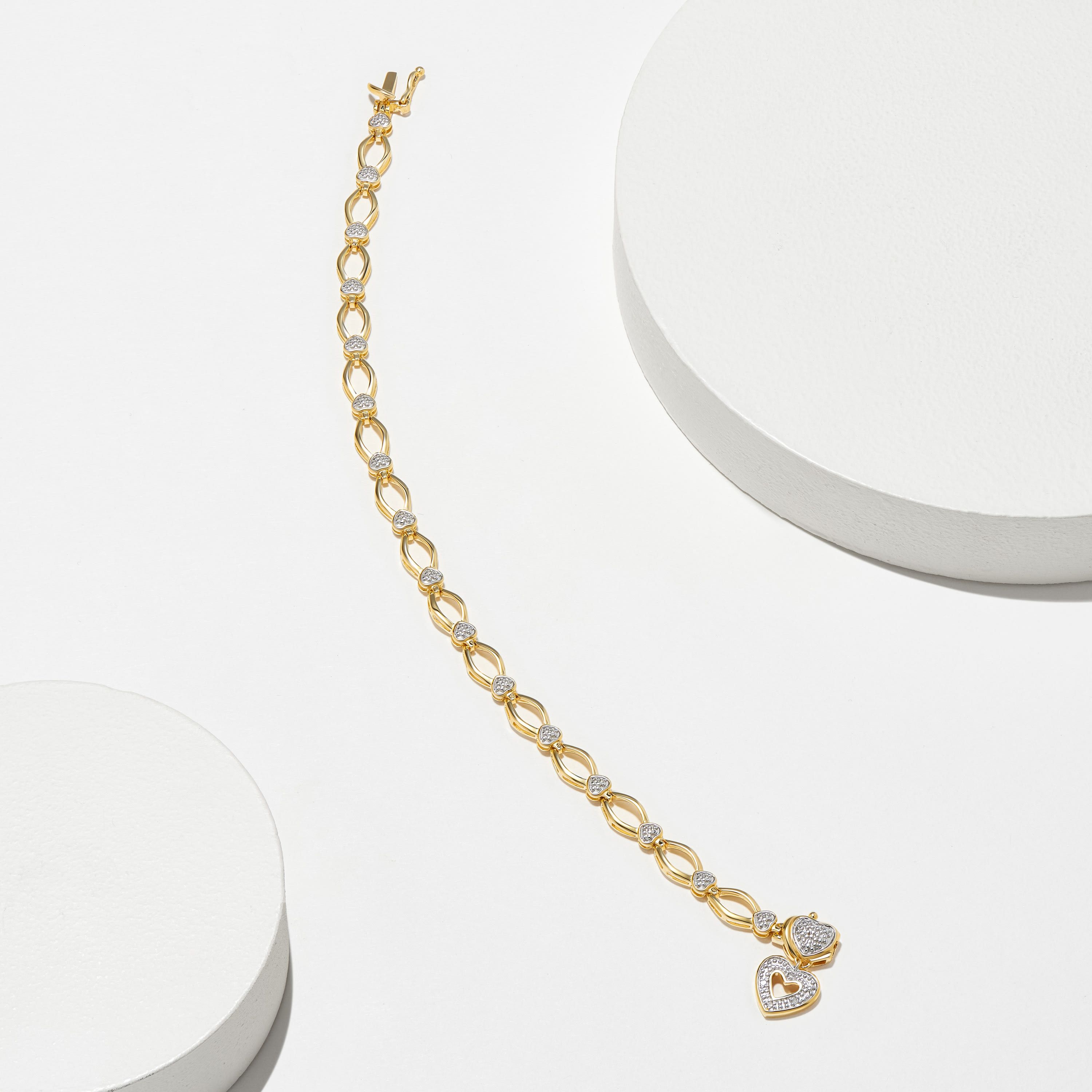 Diamond Accent Heart Charm Bracelet in 18k Yellow Gold Plated Sterling Silver