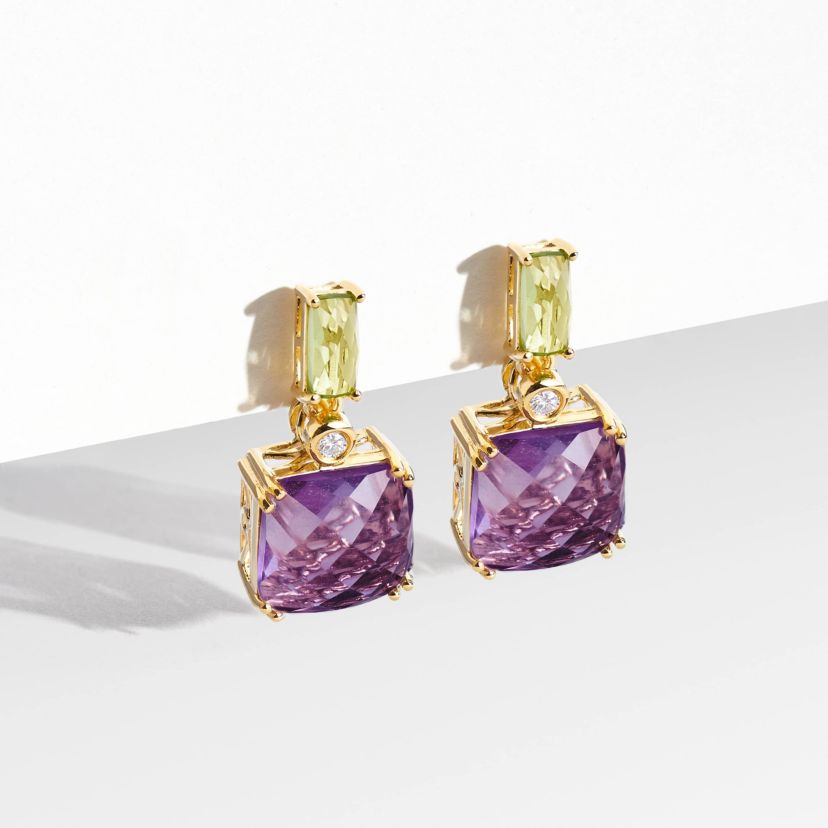 Genuine Amethyst and Peridot Earrings in 18K Gold-plated Sterling Silver