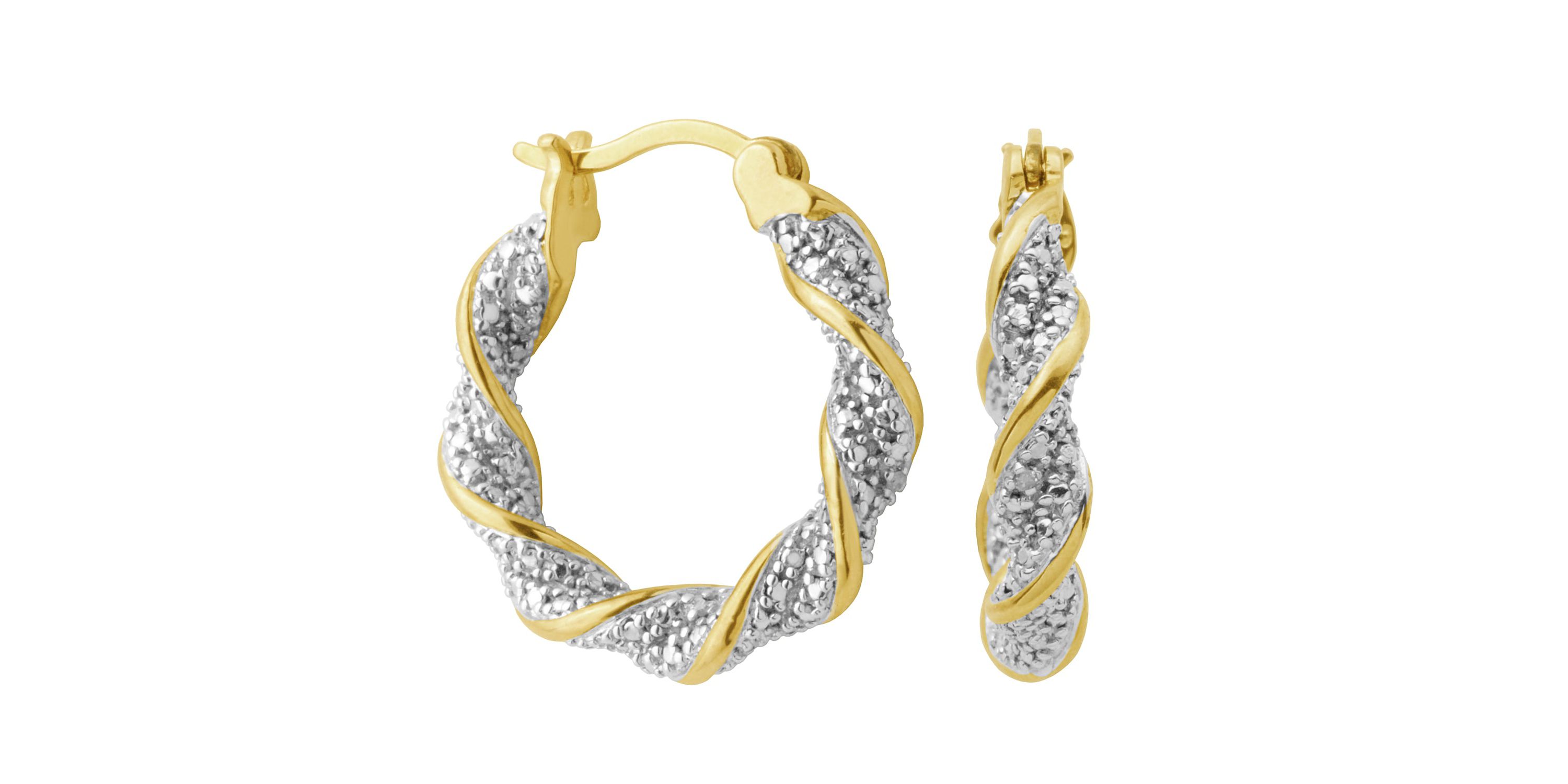 Diamond Accent Twist Hoop Earrings in 18k Yellow Gold and Rhodium Plated Sterling Silver