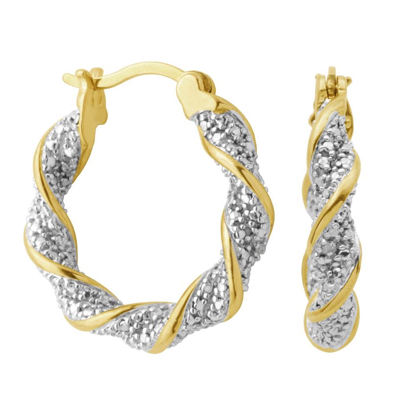 Diamond Accent Twist Hoop Earrings in 18k Yellow Gold and Rhodium Plated Sterling Silver