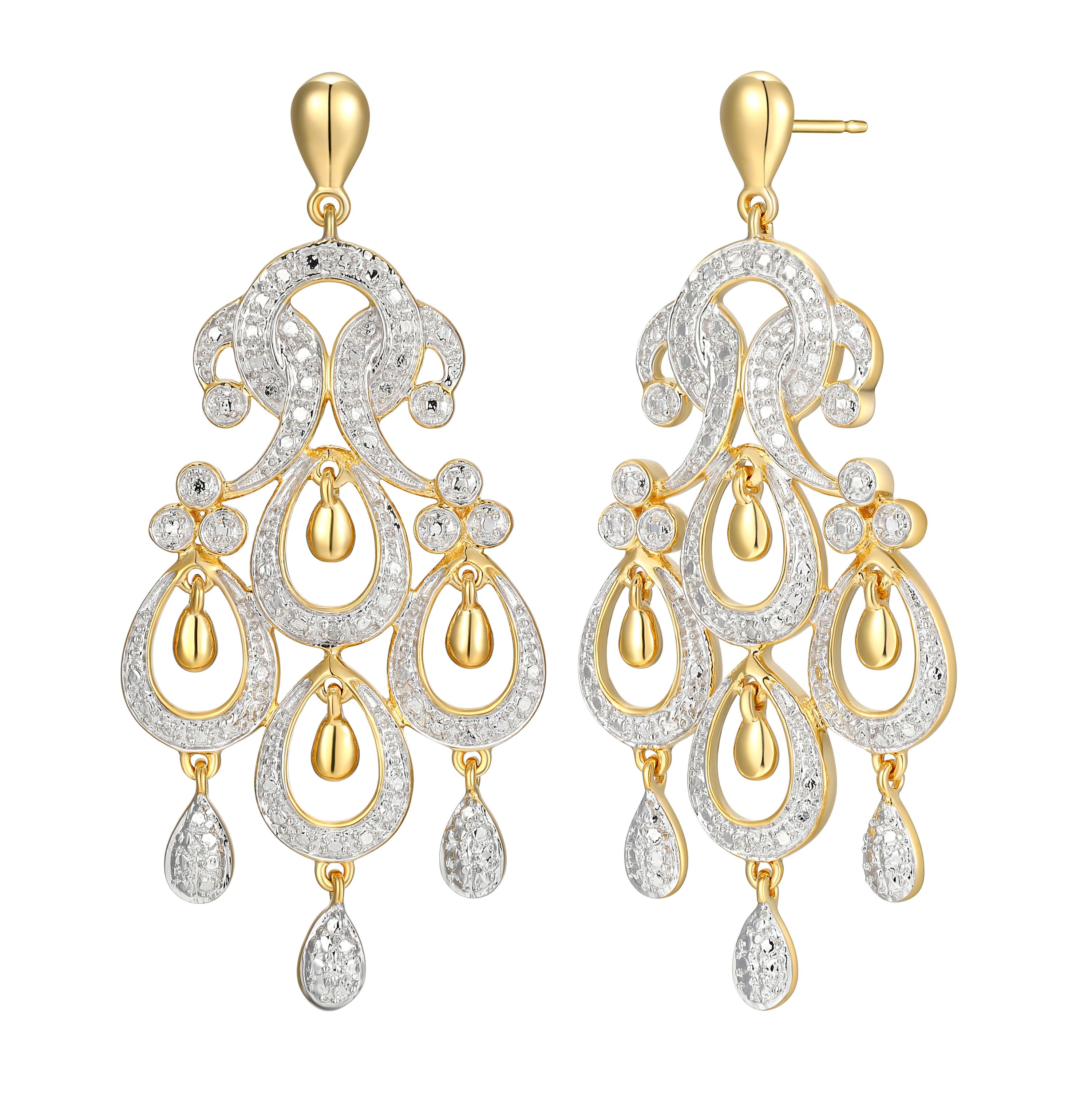 Diamond Accent Chandelier Earrings in 18k Yellow Gold Plated and Rhodium Plated Sterling Silver