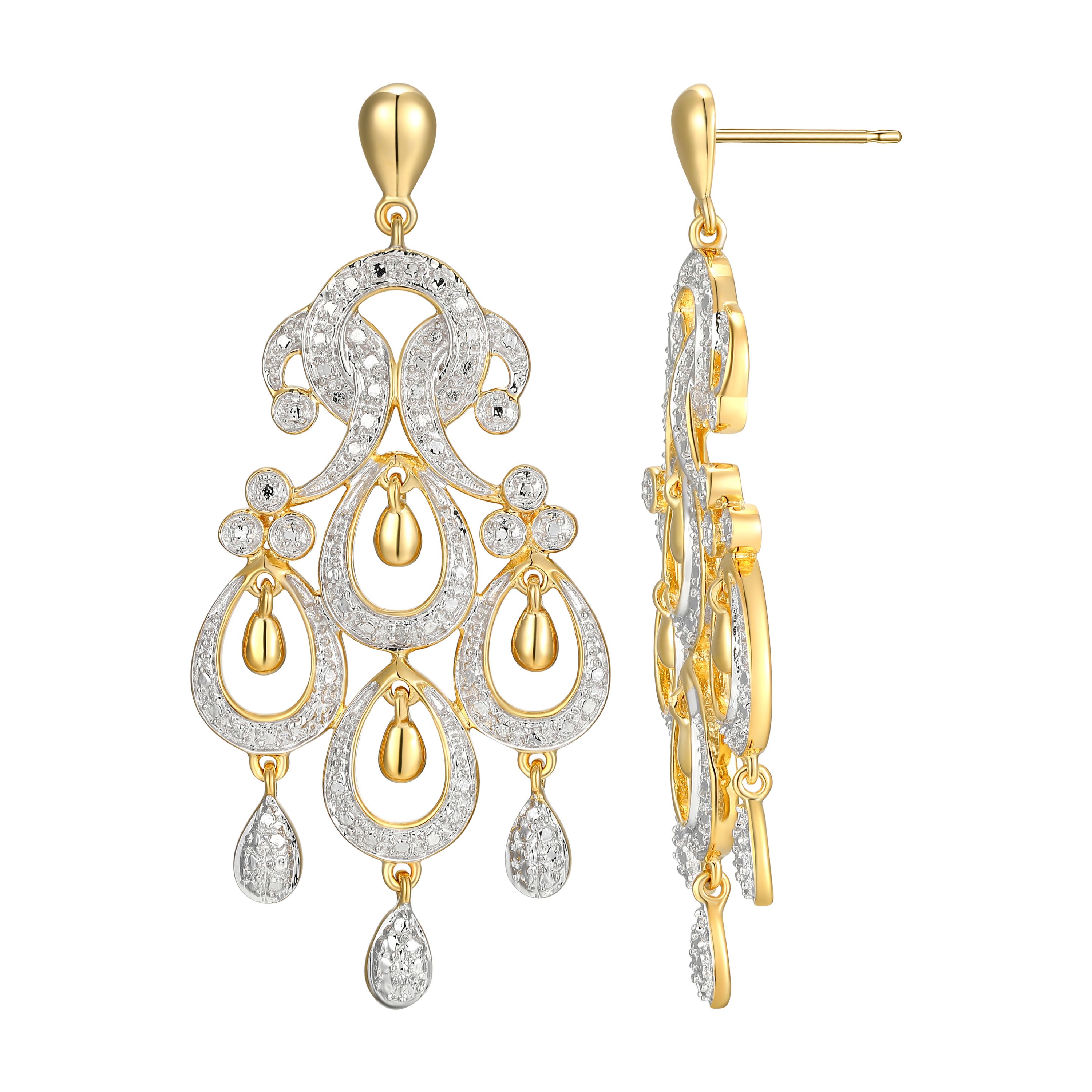 Diamond Accent Chandelier Earrings in 18k Yellow Gold Plated and Rhodium Plated Sterling Silver