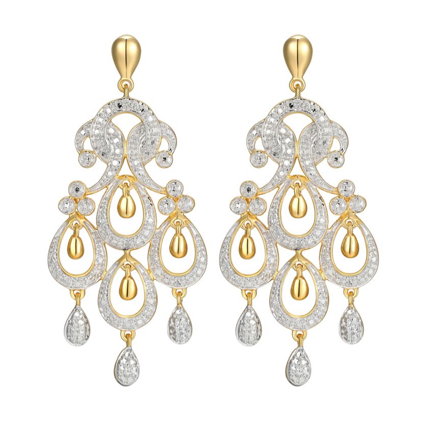Diamond Accent Chandelier Earrings in 18k Yellow Gold Plated and Rhodium Plated Sterling Silver