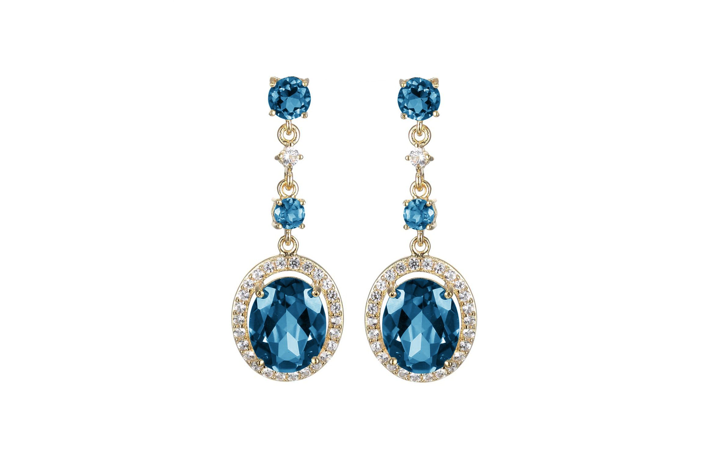 Genuine Blue Topaz and Created White Sapphire Earrings in 18K Gold-plated Sterling Silver