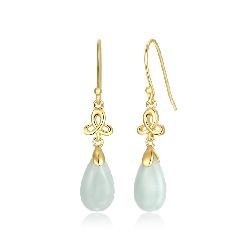 Genuine Green Jade Pear Drop Shepherds Hook Earrings in 18k Yellow Gold Plated Sterling Silver