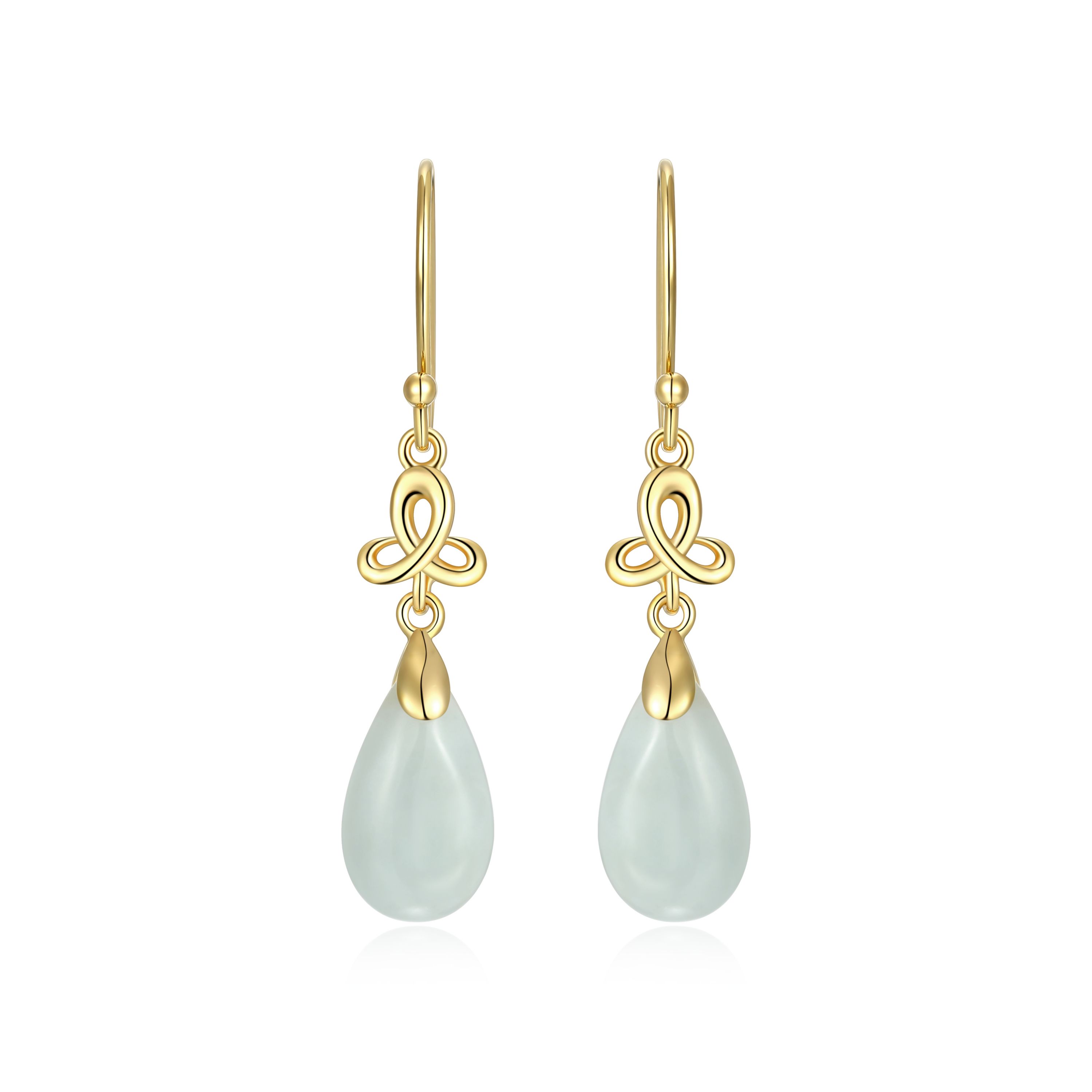 Genuine Green Jade Pear Drop Shepherds Hook Earrings in 18k Yellow Gold Plated Sterling Silver