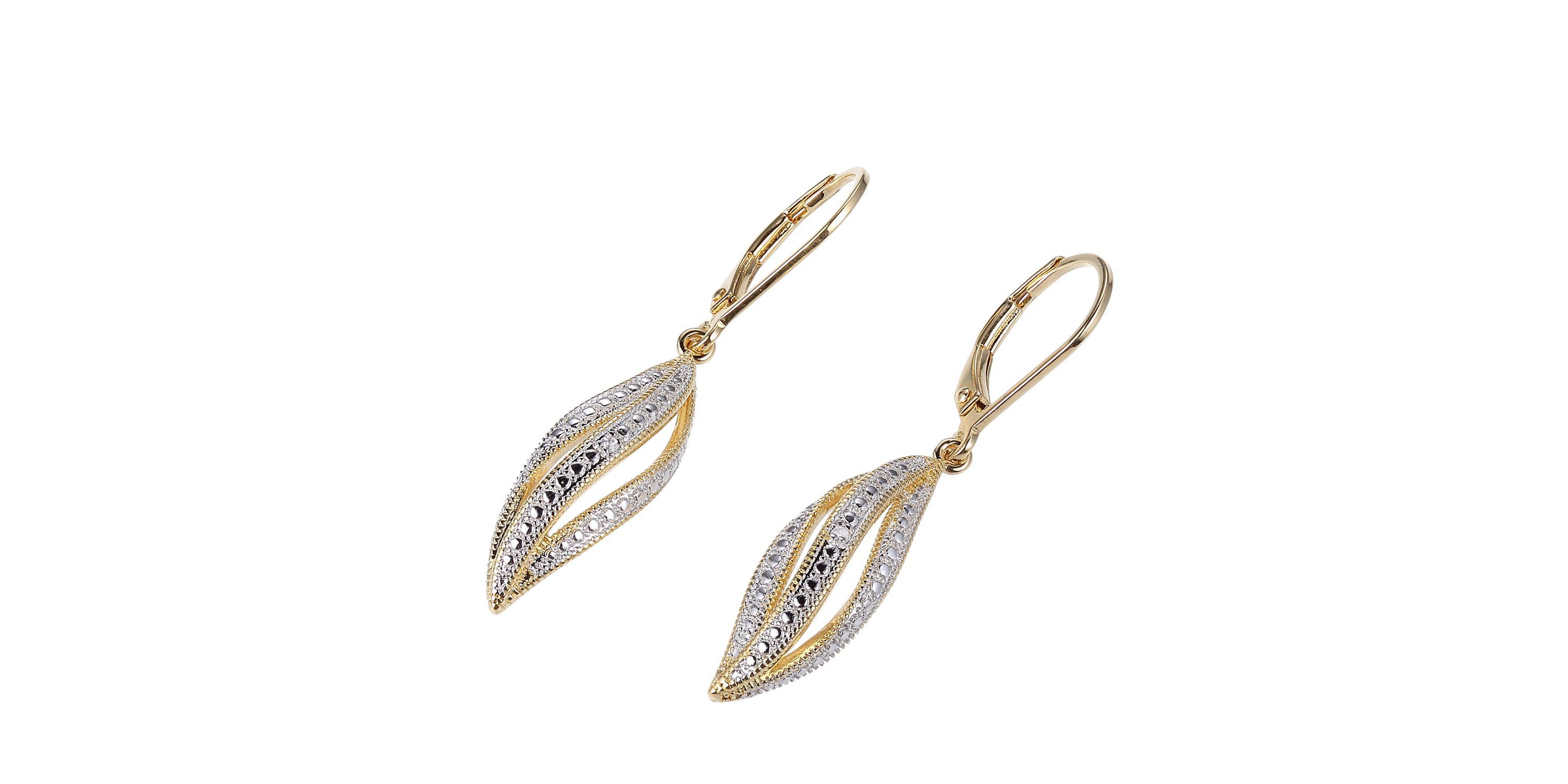 Diamond Accent Drop Leverback Earrings in 18k Yellow Gold and Rhodium Plated Sterling Silver