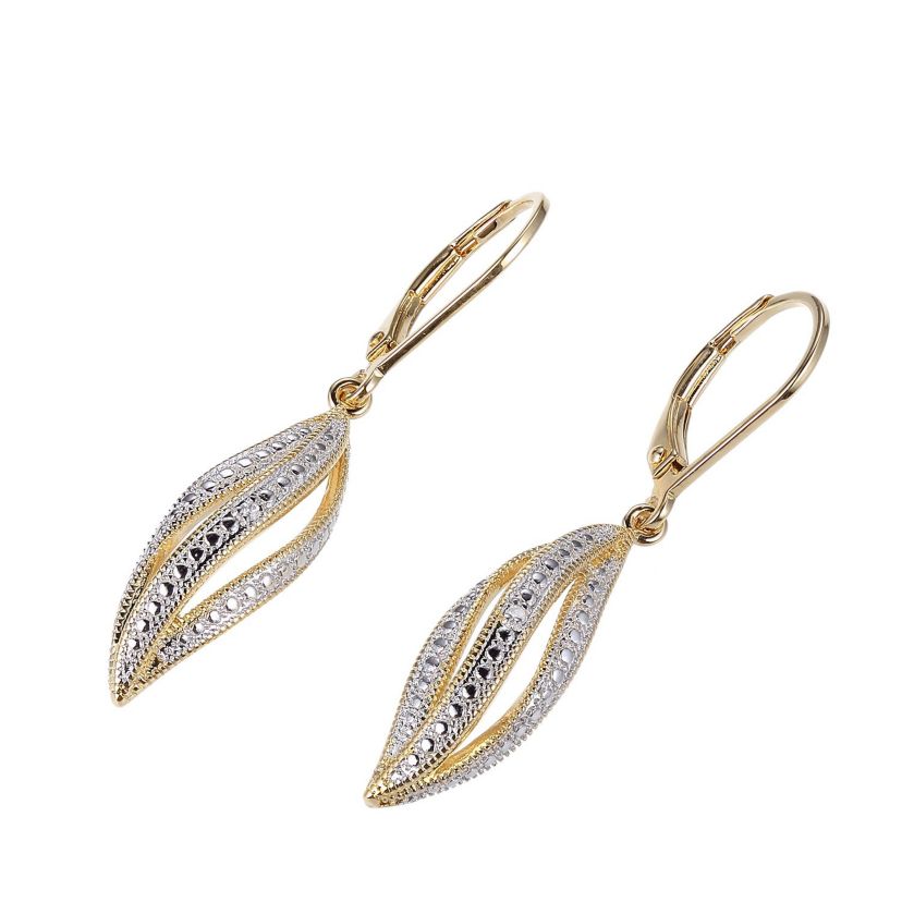 Diamond Accent Drop Leverback Earrings in 18k Yellow Gold and Rhodium Plated Sterling Silver