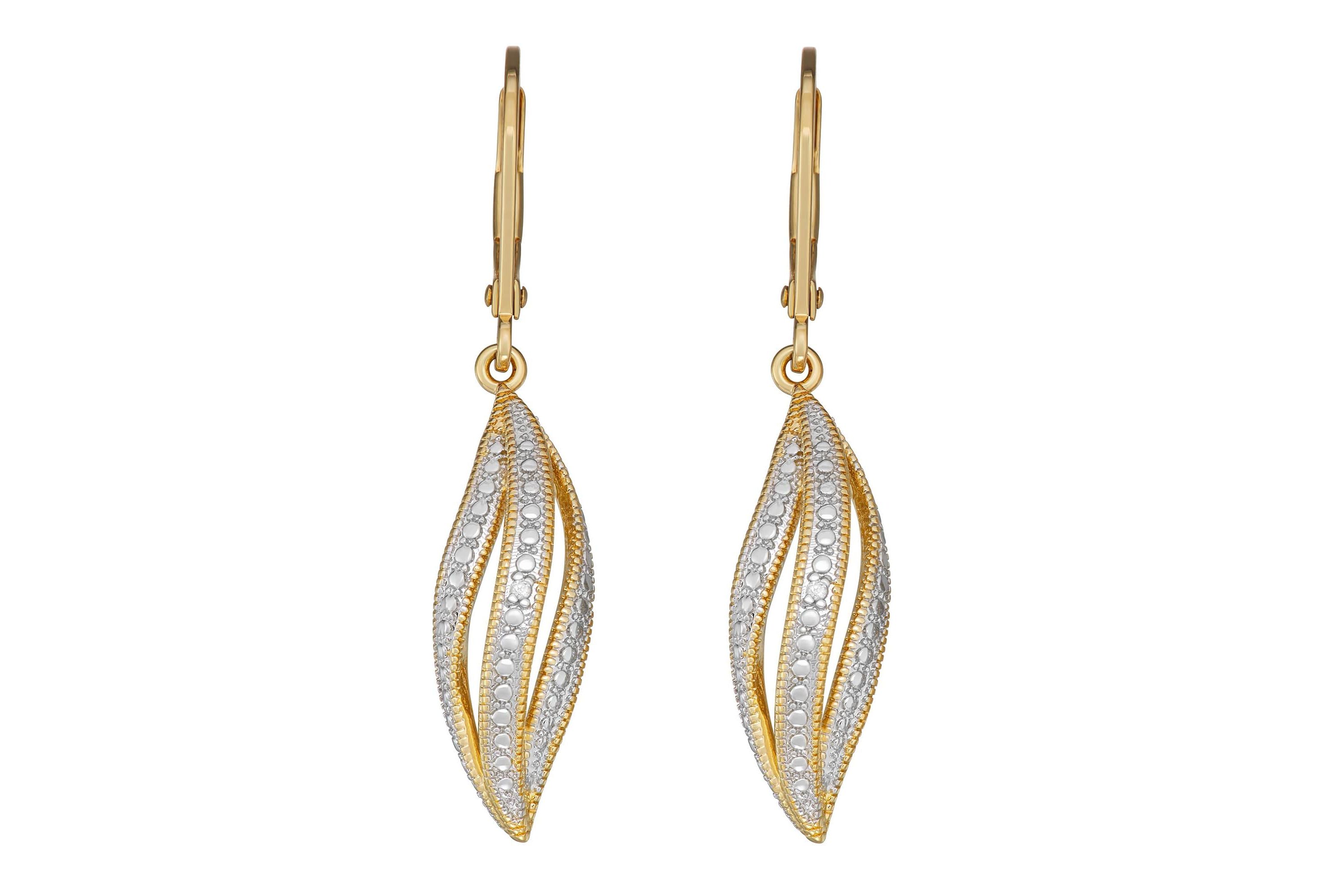 Diamond Accent Drop Leverback Earrings in 18k Yellow Gold and Rhodium Plated Sterling Silver