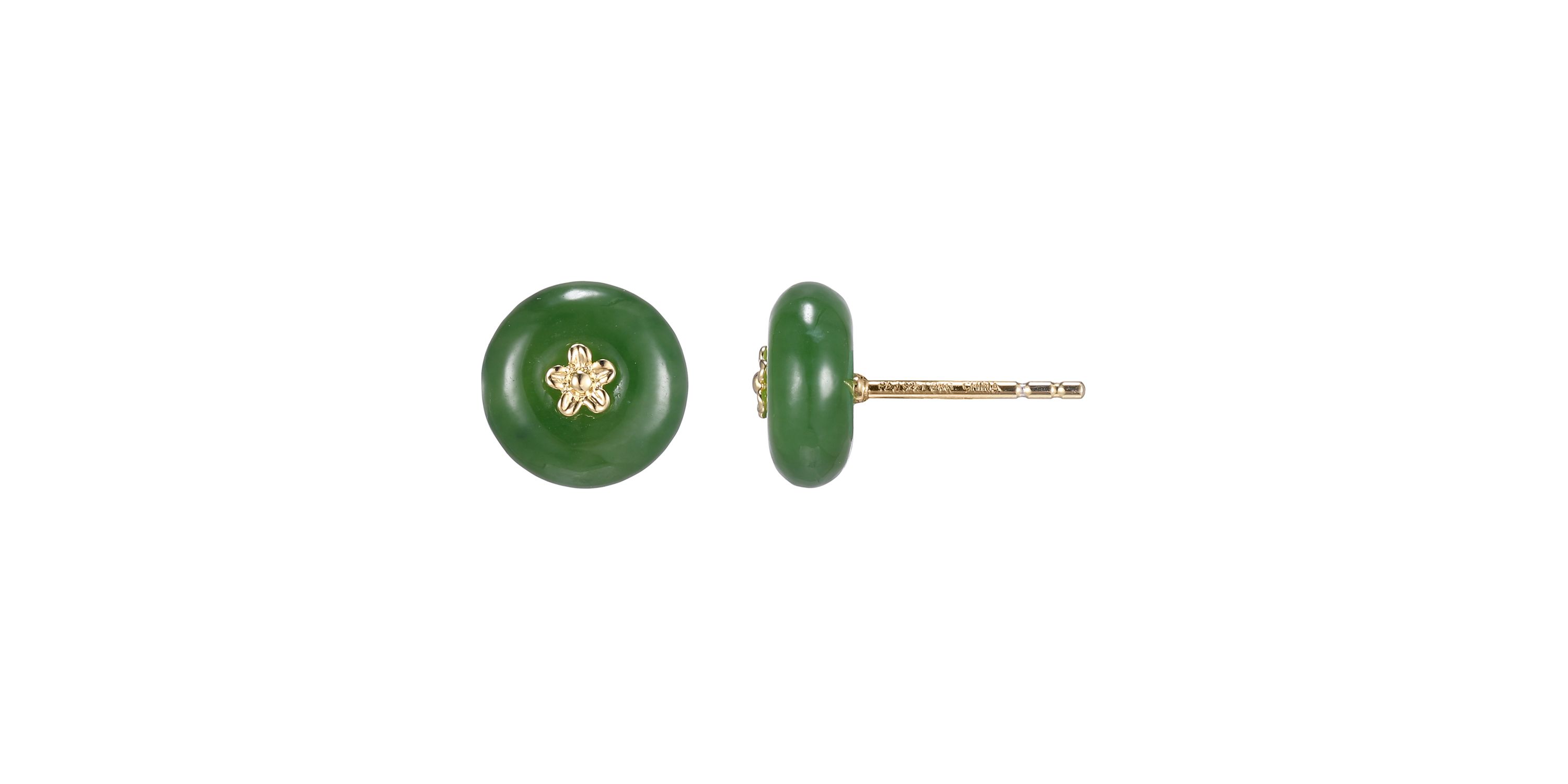 Nephrite Jade Button Earring With Floral Centerpiece In 18K Yellow Gold Plated Sterling Silver