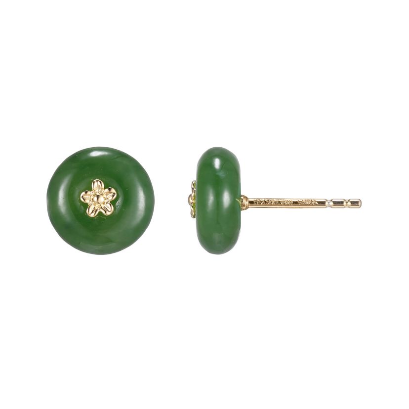 Nephrite Jade Button Earring With Floral Centerpiece In 18K Yellow Gold Plated Sterling Silver