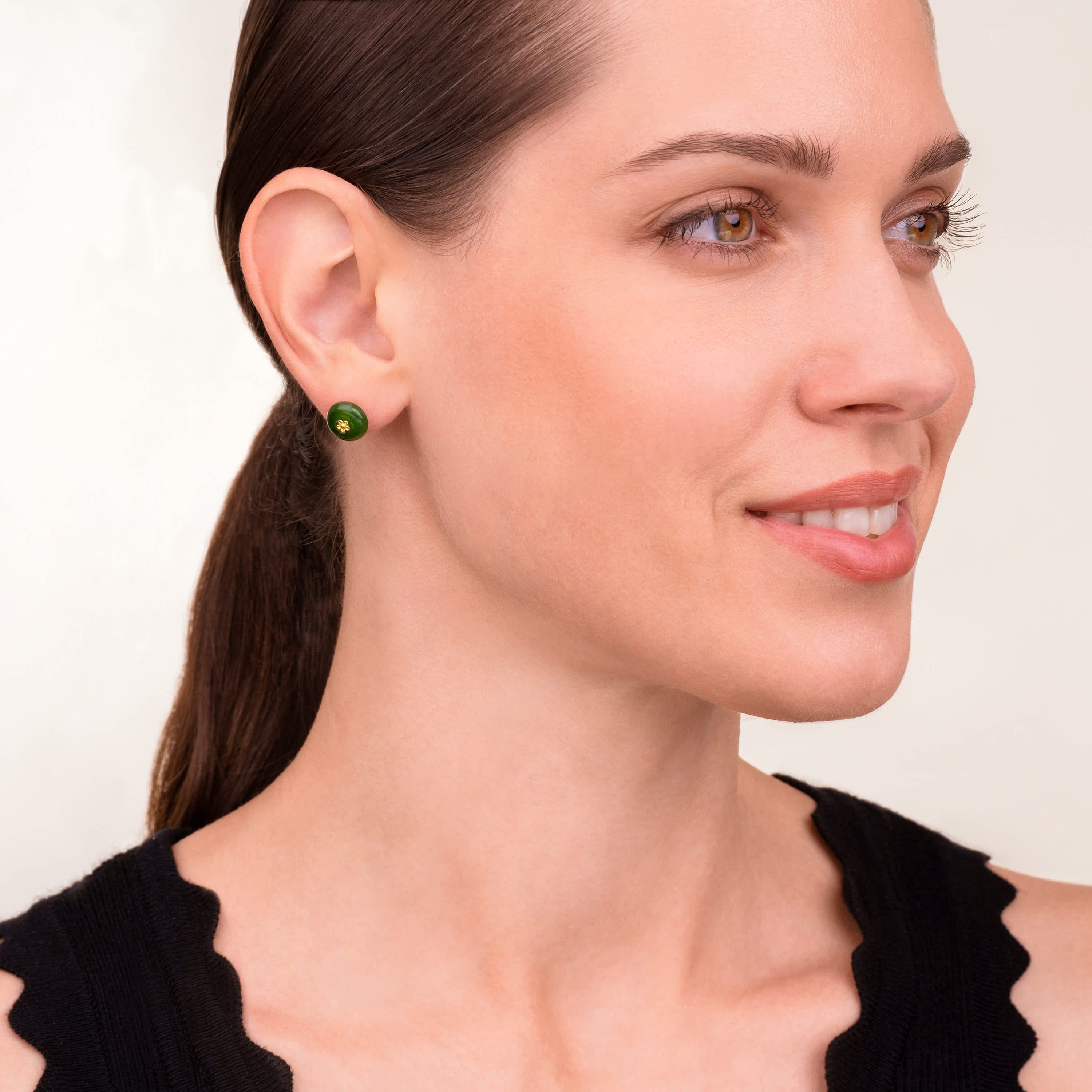 Nephrite Jade Button Earring With Floral Centerpiece In 18K Yellow Gold Plated Sterling Silver