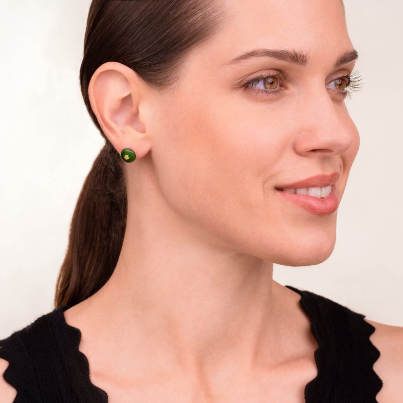 Nephrite Jade Button Earring With Floral Centerpiece In 18K Yellow Gold Plated Sterling Silver