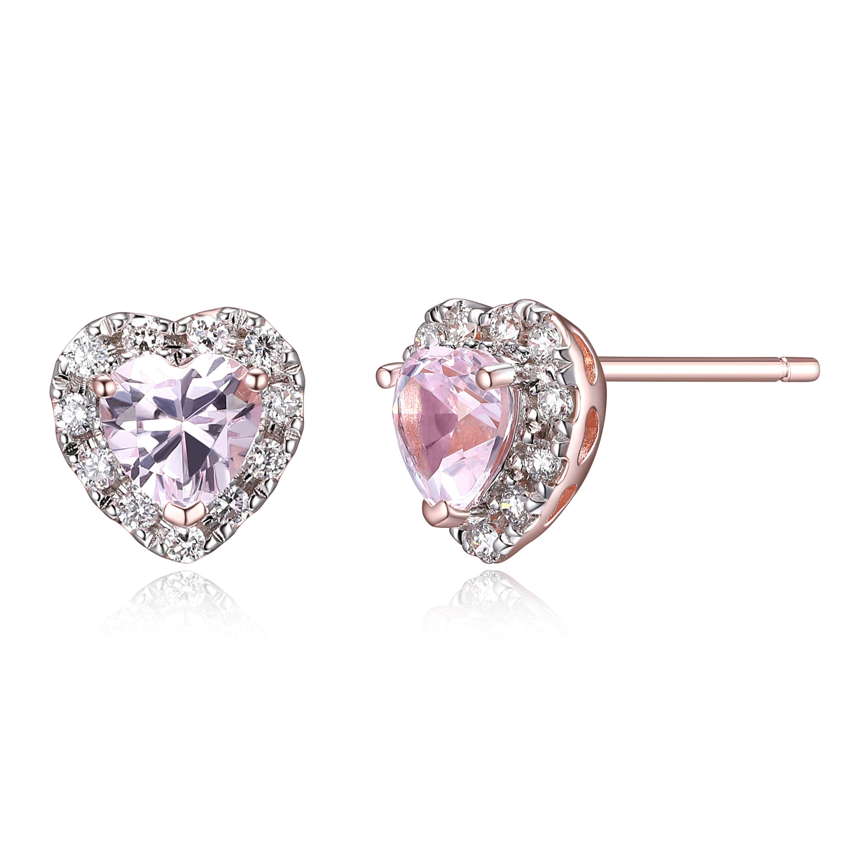 18K Rose Gold Plated Sterling Silver Womens Created Pink Sapphire and Lab Grown Diamond Halo Heart Earrings