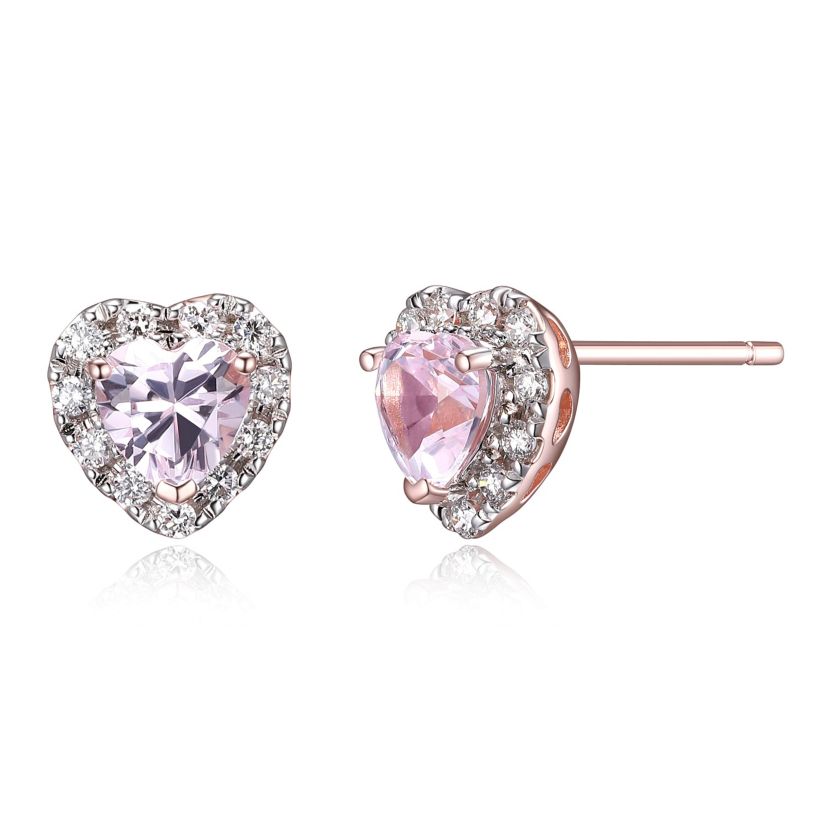 18K Rose Gold Plated Sterling Silver Womens Created Pink Sapphire and Lab Grown Diamond Halo Heart Earrings