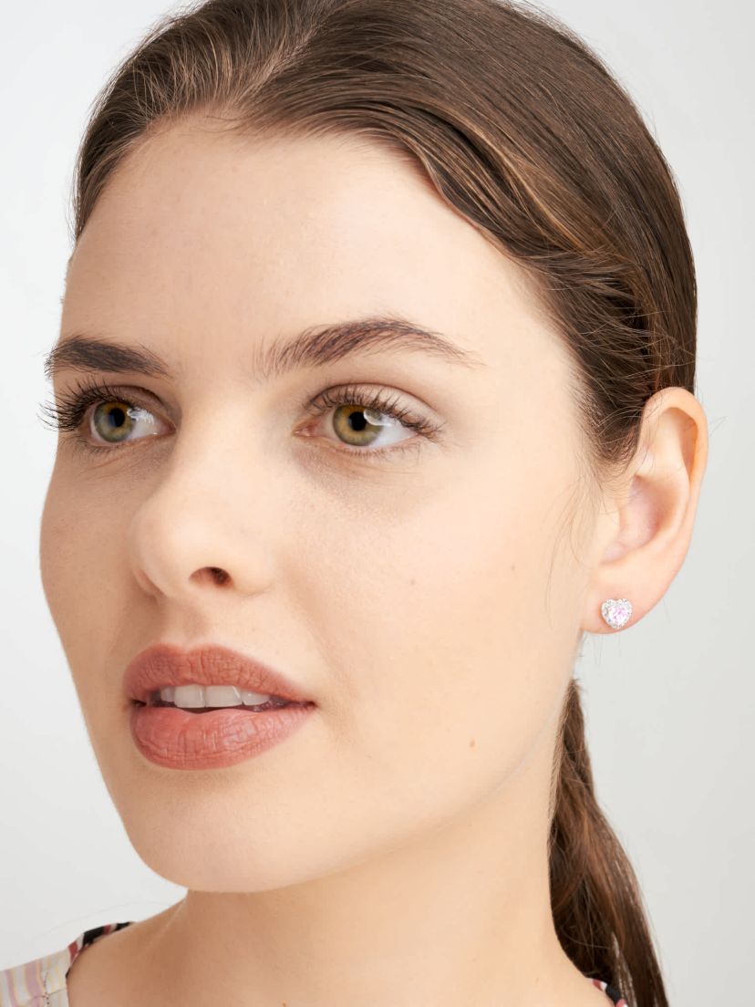 18K Rose Gold Plated Sterling Silver Womens Created Pink Sapphire and Lab Grown Diamond Halo Heart Earrings