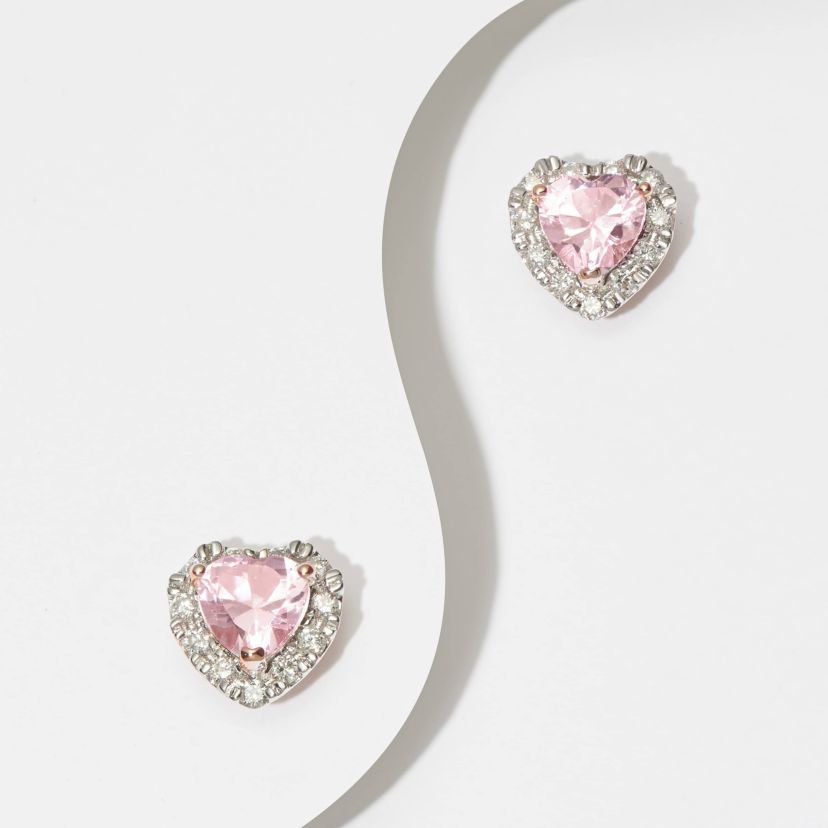 18K Rose Gold Plated Sterling Silver Womens Created Pink Sapphire and Lab Grown Diamond Halo Heart Earrings