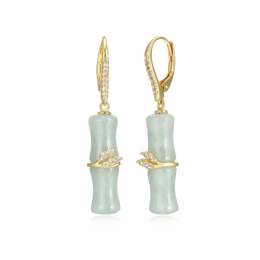 Genuine Jade Bamboo Motif Earrings With White Topaz In 18k Yellow Gold Plated Sterling Silver